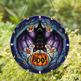 Black Bat Purple Wing Orange BOO Pumpkin Tree Spiderweb - Halloween Home Decor Gift Stained Glass Suncatcher