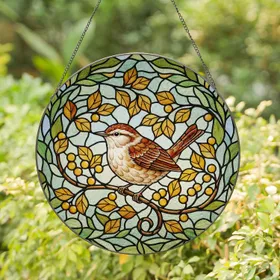 Plump Wren Bird Amber Leaves Branch Botanical Mosaic - Home Decor Gift for Bird Lover Stained Glass Suncatcher