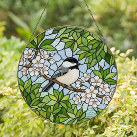 Black-capped Chickadee Bird Cherry Blossom Branch - Nature Lover Home Decor Gift Stained Glass Suncatcher