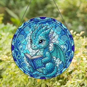 Chibi Baby Dragon Reading Book - Fantasy Home Decor Gift for Book Lover Kids Stained Glass Suncatcher