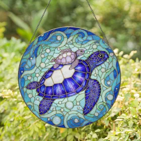 Adult Sea Turtle Baby Turtle Swirling Water - Wildlife Lover Home Decor Gift Stained Glass Suncatcher
