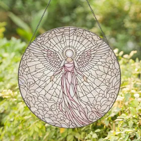 Iridescent Pink Angel, Clear Wings, Silver Halo - Celestial Cloud Home Decor for Angel Lovers Stained Glass Suncatcher