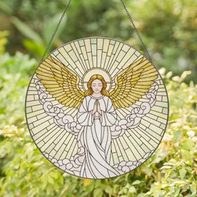 Praying Angel Golden Wings Halo Celestial Clouds - Spiritual Home Decor Gift Stained Glass Suncatcher