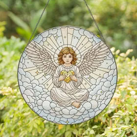 Cherubic Angel Golden Heart Celestial Cloud - Home Decor Gift for Angel Lover Stained Glass Suncatcher