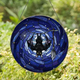 Black Bat Yellow Eyes Branch Spiderweb Broomstick Galaxy - Home Decor Gift for Bat Lover Stained Glass Suncatcher