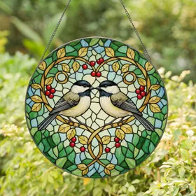 Loving Chickadee Birds Heart Branch - Wildlife Lover Home Decor Gift Stained Glass Suncatcher
