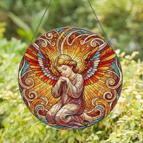 Angel Child Porcelain Face Majestic Wings Kneeling Celestial Swirling Light Home Decor Gift Stained Glass Suncatcher