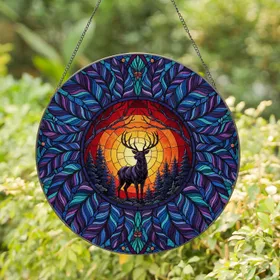 Stag Pine Forest Bare Branches Amber Crimson Sunset Feathers - Home Decor Gift for Wildlife Lover Stained Glass Suncatcher