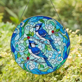 Tiffany Stained Glass Blue Jays Perched Branch - Wildlife Home Decor Gift for Bird Lovers Stained Glass Suncatcher