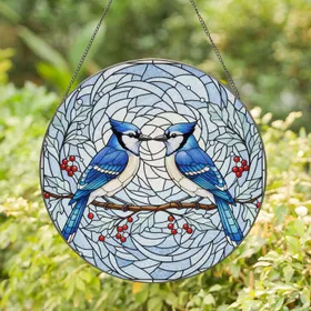 Two Blue Jays Brown Branch Winter Berries Frosted Leaves - Home Decor Gift for Bird Lover Stained Glass Suncatcher