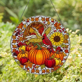 Red Cardinal Pumpkin Harvest Cornucopia - Autumn Home Decor Gift Stained Glass Suncatcher