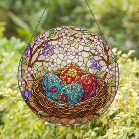 Bird's Nest Easter Eggs Flowering Branches - Easter Gift Stained Glass Suncatcher