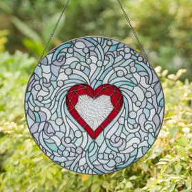 Stained Glass Ruby Red Heart Lead Line Aqua Lavender Swirls Cabochon Mosaic Home Decor Gift Stained Glass Suncatcher