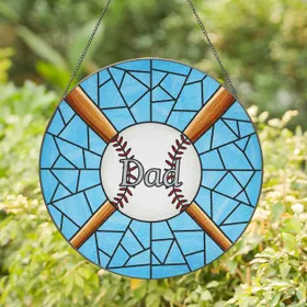 White Baseball Red Stitching Dad Amber Brown Bats Cross - Fathers Day Gift Stained Glass Suncatcher