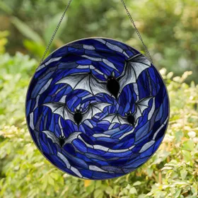 Three Stained Glass Bats Flight Swirling Dark Blue Purple Night Sky - Home Decor Gift for Bat Lovers Stained Glass Suncatcher