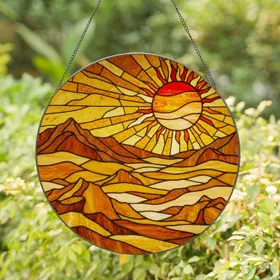 Arid Landscape Sun Disc Rolling Hills Sharp Peaks Undulating Landmass - Home Decor Gift Stained Glass Suncatcher