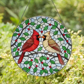 Cardinal Pair Touching Beaks - Home Decor Gift for Bird Lovers Stained Glass Suncatcher