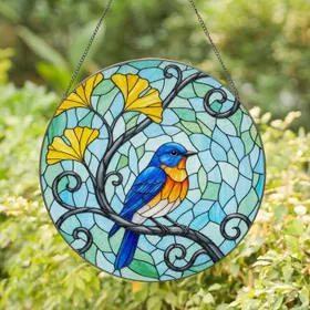 Bluebird Perched Ginkgo Leaves Branch - Home Decor Gift for Wildlife Lovers Stained Glass Suncatcher