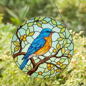 Bluebird Gnarled Branch Amber Leaves - Home Decor Gift for Bird Lovers Stained Glass Suncatcher
