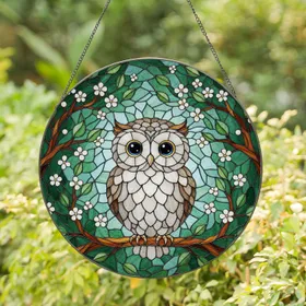 Fluffy Baby Owl Blooming Branches - Home Decor Gift for Owl Lovers Stained Glass Suncatcher