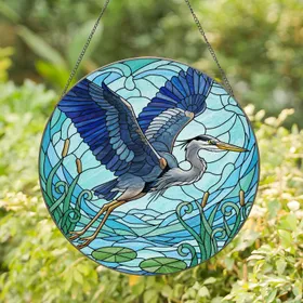 Great Blue Heron Flying Wetlands Aquatic Flora - Home Decor Gift for Nature Lover Stained Glass Suncatcher