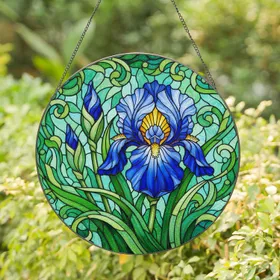 Tiffany-Inspired Blue Iris Flower Bud Green Leaves Mosaic - Home Decor Gift Stained Glass Suncatcher