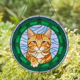 Orange Tabby Cat Alert Ears Playful Paw Segmented Border - Cat Lover Home Decor Gift Stained Glass Suncatcher