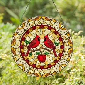 Red Cardinal Birds Apple Tree Mosaic - Wildlife Home Decor Gift Stained Glass Suncatcher