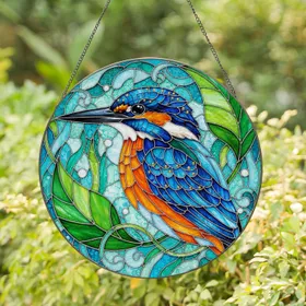 Kingfisher Bird Aquatic Foliage - Home Decor Gift for Bird Lover Stained Glass Suncatcher