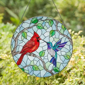 Iridescent Hummingbird Red Cardinal Branch Sky Foliage - Wildlife Lover Home Decor Gift Stained Glass Suncatcher