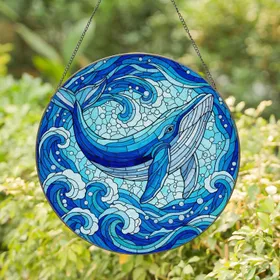 Graceful Blue Whale Ocean Waves Swirling Water - Ocean Lover Gift Stained Glass Suncatcher