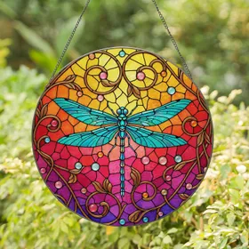Dragonfly Bronze Scrollwork Glass Cabochon - Home Decor Gift for Wildlife Lover Stained Glass Suncatcher
