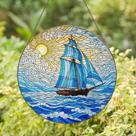 Sailboat Tall Mast Full Sails Wavy Sea Setting Sun Sky - Home Decor Accent Gift Stained Glass Suncatcher