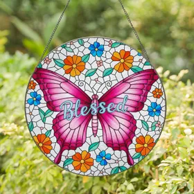 Segmented Butterfly Blessed Script Blooming Flowers Leaves Vines - Home Decor Gift Stained Glass Suncatcher
