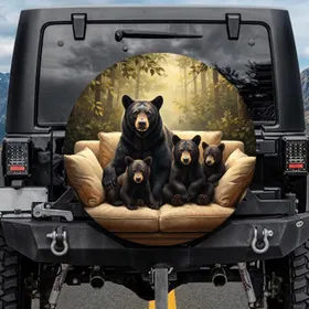 Realistic Black Bear Family Forest - Wildlife Lover Gift Spare Tire Cover