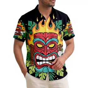 Red Tiki Mask Yellow Eyes Burning Cigar Flames Tropical Leaves - Tropical Vacation Gift Hawaiian Shirt