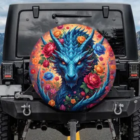 Blue Dragon Red Eyes Peony Rose Fantastical Blossoms Floral Tapestry - Home Decor Gift Spare Tire Cover