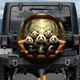 Five Pandas Cabin Forest Landscape - Wildlife Lover Gift for Panda Lovers Spare Tire Cover
