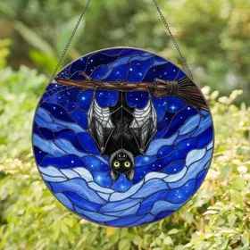Hanging Black Bat Broomstick Spiderweb Stars Night Sky - Halloween Decor Gift Stained Glass Suncatcher
