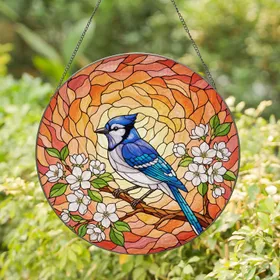 Blue Crested Jay Apple Blossoms Brown Branch Wildlife Lover Gift For Bird Lovers Stained Glass Suncatcher