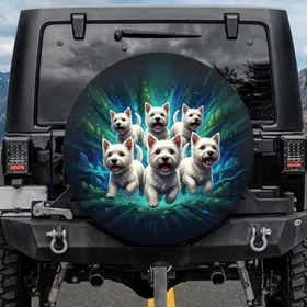Six White Terrier Dogs Green Blue Streaks Background - Travel Adventure Gift Spare Tire Cover