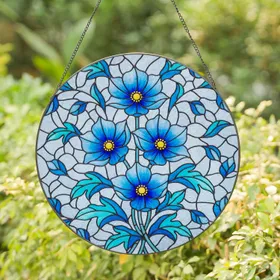 Blue Anemone Flowers Stained Glass Mosaic - Home Decor Gift for Garden Lover Stained Glass Suncatcher