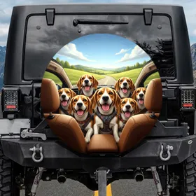 Six Realistic Beagles Vehicle Ride - Open Road Travel Gift for Dog Lovers Spare Tire Cover