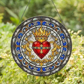 Sacred Heart Crowned Cross Flames Acanthus Leaves - Faith Home Decor Gift for Believers Stained Glass Suncatcher