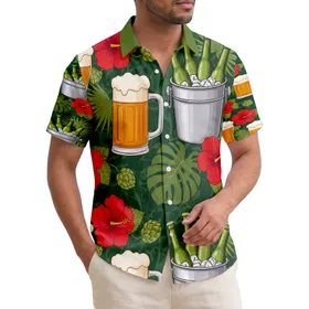 Overflowing Beer Glasses Ice Bucket Hops Hibiscus Monstera - Celebratory Summer Party Gift Hawaiian Shirt
