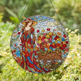 Woman Floral Dress Flower Cart Blooming Garden - Home Decor Gift for Garden Lover Stained Glass Suncatcher
