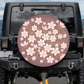 Boho Flowing Pink Flower Garden White Centers Golden Leaves - Home Decor Gift for Garden Lover Spare Tire Cover