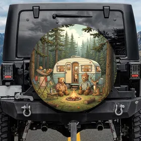 Forest Bear Camping Travel Trailer Scene - Outdoor Adventure Gift for Camper Spare Tire Cover