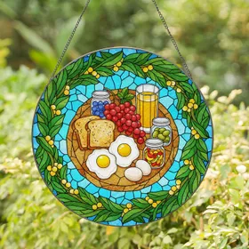 Golden Toast Fried Eggs Grapes Breakfast Scene - Kitchen Home Decor Gift for Foodies Stained Glass Suncatcher