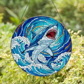 Great White Shark Ocean Breach - Home Decor Gift for Wildlife Lover Stained Glass Suncatcher